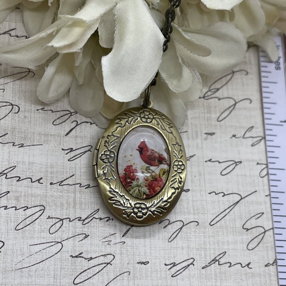 Bronze Red Bird Cardinal Memorial Jewelry Locket Necklace Pendant Wedding New - Picture 4 of 9